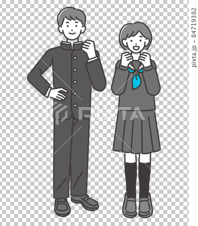セーラー服や学ランを着てガッツポーズをとる男女の学生の上半身のベクターイラスト素材／制服／高校生／中 84719382