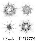 Set of four black snowflakes on a white background. Abstract computer generated fractal image of a snowflake. Illustration, isolate. Use as a stamp or brush 84719776