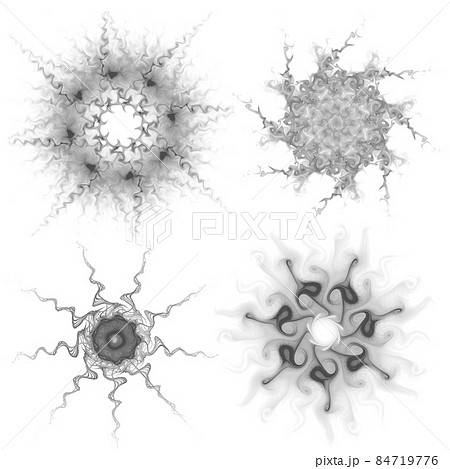 Set of four black snowflakes on a white background. Abstract computer generated fractal image of a snowflake. Illustration, isolate. Use as a stamp or brush Set of four black snowflakes on a white background. Abstract computer generated fractal image of a snowflake. Illustration, isolate. Use as a stamp or brush 84719776