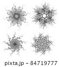 Set of four black snowflakes on a white background. Abstract computer generated fractal image of a snowflake. Illustration, isolate. Use as a stamp or brush 84719777