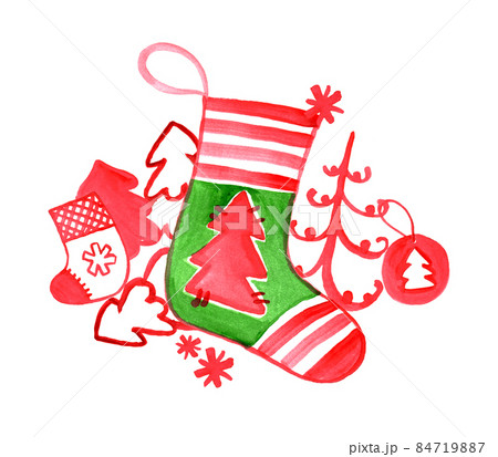 Christmas sock. Watercolor hand painted illustration. High quality photo Christmas sock. Watercolor hand painted illustration. High quality photo 84719887