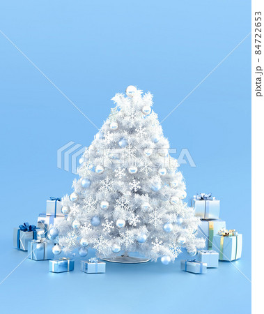 白いクリスマスツリーとプレゼント ブルー背景イメージ 白いクリスマスツリーとプレゼント ブルー背景イメージ 84722653