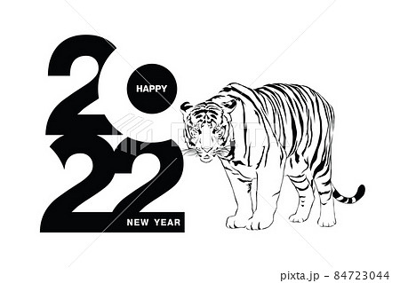 Happy new year 2022 year of the tiger black and white line drawing standing beside numbers 2022 for poster brochure banner invitation card vector illustration isolated on white background.  84723044