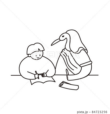 知恵の神トトに見守られて勉強する子供の線画イラスト 84723256