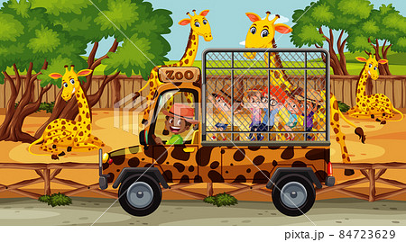 Safari scene with many giraffes and kids on tourist car Safari scene with many giraffes and kids on tourist car 84723629