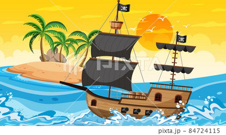 Ocean with Pirate ship at sunset time scene in cartoon style Ocean with Pirate ship at sunset time scene in cartoon style 84724115