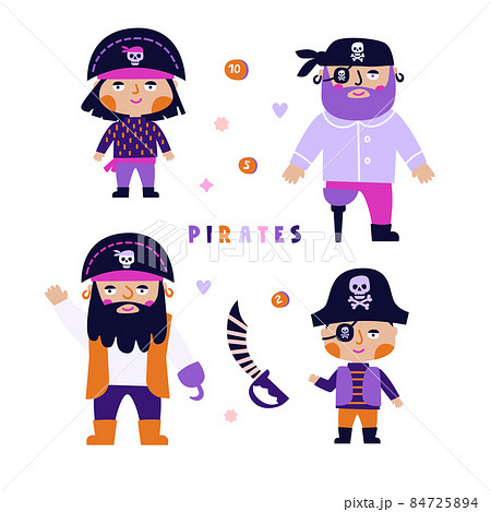 Vector illustration of 4 pirates. Pirate hat, eye patch. Pink and purple color. Poster, for printing on textiles, for wall design. Hand-drawn style Vector illustration of 4 pirates. Pirate hat, eye patch. Pink and purple color. Poster, for printing on textiles, for wall design. Hand-drawn style 84725894