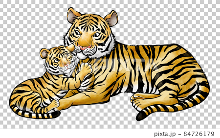 虎の親子の水墨画イラスト 寅年 年賀状素材 のイラスト素材