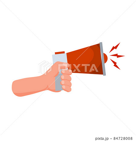 Hand hold speaker. Red megaphone. Concept of alerts and news. 84728008