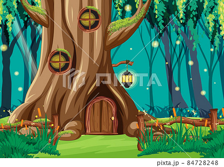 Fantasy Forest Background With Hollow Treeのイラスト素材