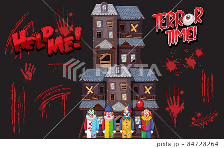 Creepy clown with blood spatter and hand print Creepy clown with blood spatter and hand print 84728264