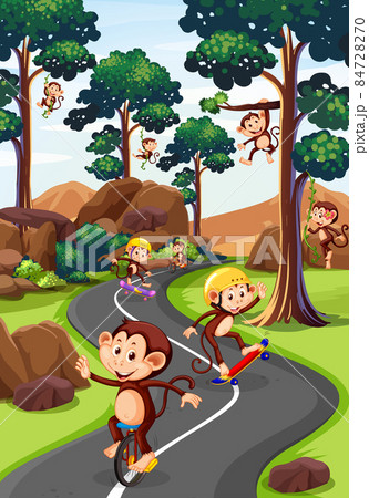 Park scene with monkeys doing different activities 84728270