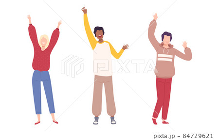 Excited Man and Woman with Raised Up Hands Cheering About Something Vector Set 84729621
