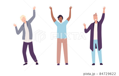 Excited Man with Raised Up Hands Cheering About Something Vector Set 84729622