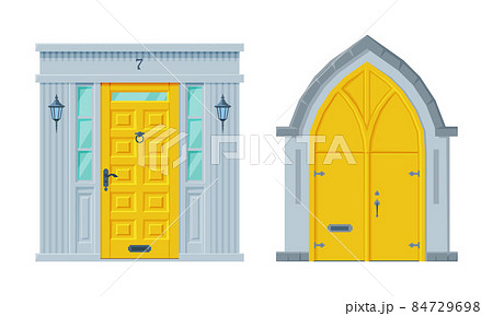 Door Facade in Vintage Style as Vertical Hinged Building Entry Vector Set 84729698