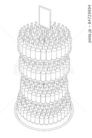 The outline of a circular counter with many bottles. Bottled drinks store counter. Isometric view. Vector illustration The outline of a circular counter with many bottles. Bottled drinks store counter. Isometric view. Vector illustration 84729994