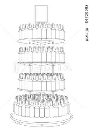 The outline of a circular counter with many bottles. Bottled drinks store counter. Front view. Vector illustration The outline of a circular counter with many bottles. Bottled drinks store counter. Front view. Vector illustration 84729998