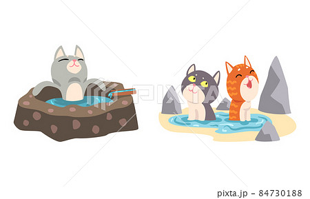 Cute Cat Character Taking Japanese Hot Spring Bath Vector Set 84730188