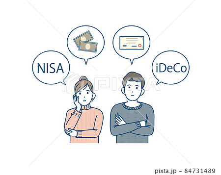 投資と節税について考える夫婦　男女　NISA　iDeCo　株券　国債　資産　お金 　資産運用 84731489