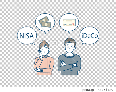 投資と節税について考える夫婦　男女　NISA　iDeCo　株券　国債　資産　お金 　資産運用 84731489
