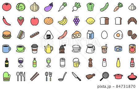 食べ物とキッチン用品のシンプルなアイコンセット 84731870