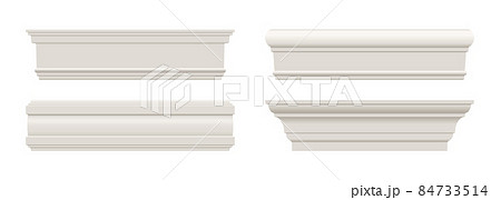 Set of white skirting baseboard moulding. Ceiling crown on white background. 84733514