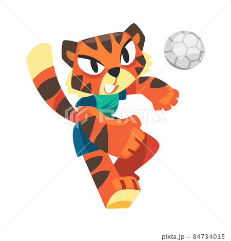 Striped Tiger in Sportswear Playing Volleyball Game Doing Sport Vector Illustration 84734015