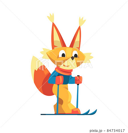 Fluffy Orange Squirrel in Sportswear Skiing Doing Sport Vector Illustration 84734017