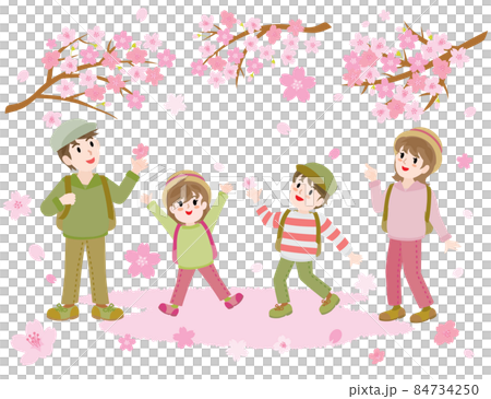 春にお花見をする家族のイラスト 84734250