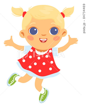 Cute blonde girl smiling. Happy jumping kid. Fun cartoon character 84734469