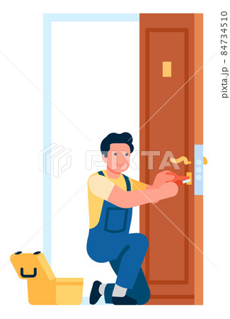 Man fixing door knob. Repairman working with screwdriver and pliers 84734510