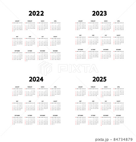 Calendar 2022, 2023, 2024 and 2025 years. The week starts Sunday. Annual English calendars template. Stationery vertical template in simple, minimal design. Portrait orientation 84734879