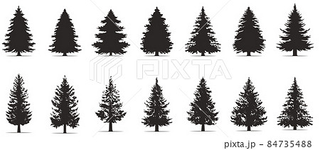 Vintage trees and forest silhouettes set in monochrome style. Set. Silhouette of pine trees. Vintage trees and forest silhouettes set in monochrome style. Set. Silhouette of pine trees. 84735488