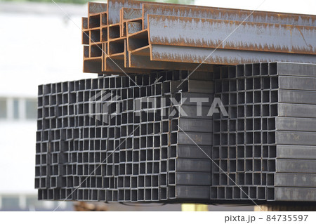 Metal profiles of different kinds are located in the metal products warehouse Metal profiles of different kinds are located in the metal products warehouse 84735597