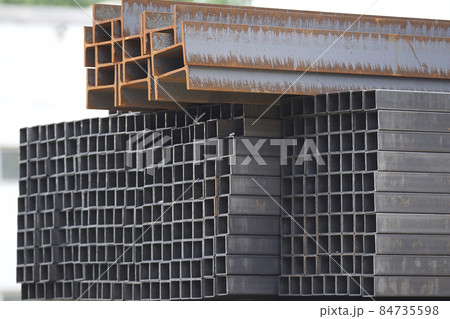 Metal profiles of different kinds are located in the metal products warehouse Metal profiles of different kinds are located in the metal products warehouse 84735598