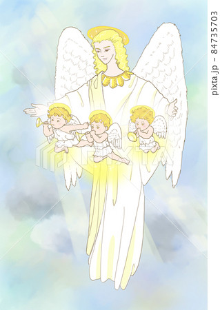 大天使と3人のかわいいチビ天使のイラスト 背景あり のイラスト素材