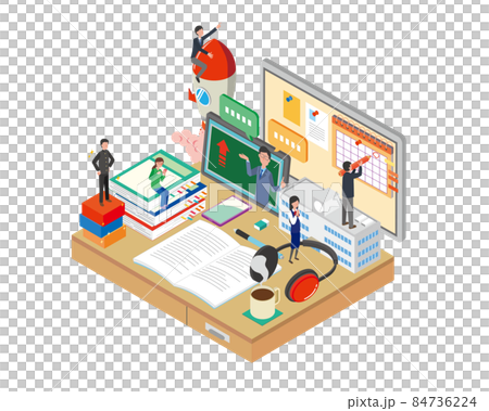 受験勉強をするイメージのアイソメトリックイラストのイラスト素材