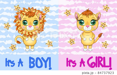 baby shower invitation for boy and girl.Blue and pink chevron background with Cute cartoon lion and lioness with big eyes in a bright style of children 84737923