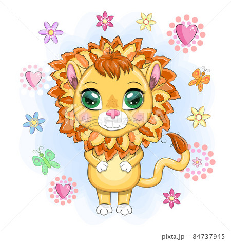 Cartoon lion with expressive eyes with flowers. Wild animals, character, childish cute style 84737945