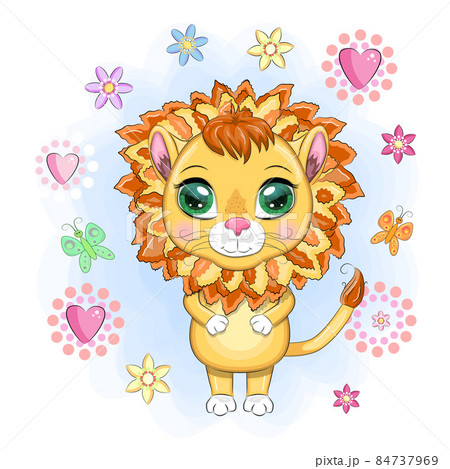 Cartoon lion with expressive eyes with flowers. Wild animals, character, childish cute style 84737969
