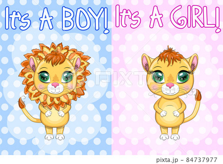 baby shower invitation for boy and girl.Blue and pink chevron background with Cute cartoon lion and lioness with big eyes in a bright style of children 84737977