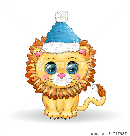 Wonderful cute cartoon lion cub with a gift, candy cane. Isolated illustration Wonderful cute cartoon lion cub with a gift, candy cane. Isolated illustration 84737987