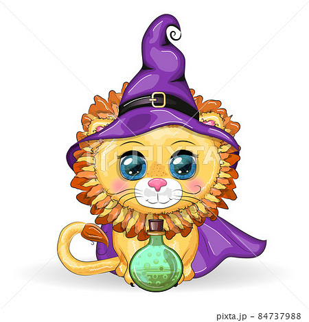 Cute cartoon leo with beautiful eyes, orange in a purple witch's hat and cloak Cute cartoon leo with beautiful eyes, orange in a purple witch's hat and cloak 84737988