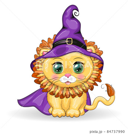 Cute cartoon leo with beautiful eyes, orange in a purple witch's hat and cloak 84737990