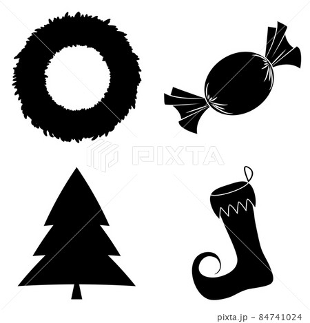Christmas silhouette icon set. Collection of black december holiday symbol. Black and white illustration isolated on white background. 84741024