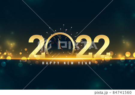 happy new year 2022 eve celebration card with clock and bokeh lights 84741560