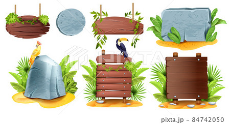 Tropical wooden sign board set, vector jungle stone frame banner, game UI cartoon menu panel, parrot 84742050