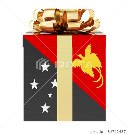 Gift box with Papuan New Guinean flag. Holiday in Papua New Guinea, concept. 3D rendering Gift box with Papuan New Guinean flag. Holiday in Papua New Guinea, concept. 3D rendering 84742427