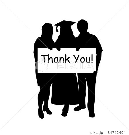 Silhouette graduate with parents holding placard with word Thank You. International Thank You Day. 84742494