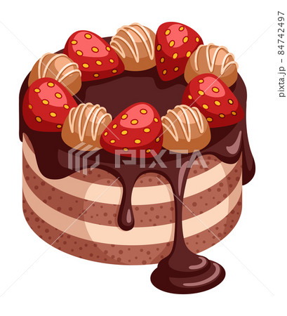 Brown cake with chocolate frosting and berries on top. Cream layered dessert 84742497